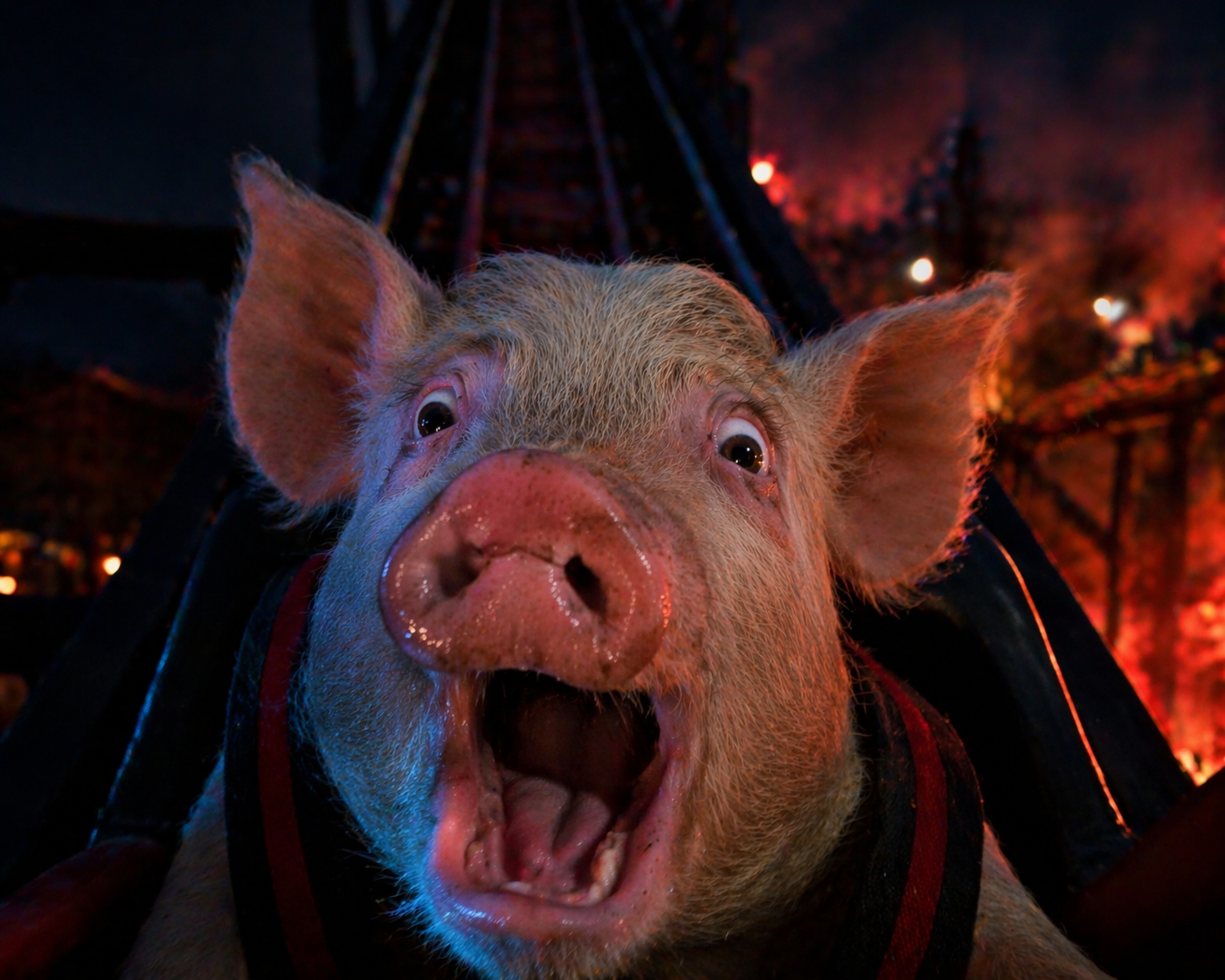 A pig illuminated by firelight at night